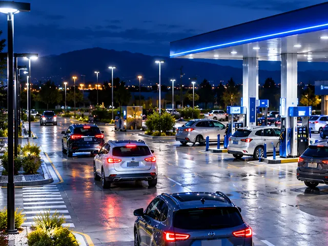 Estación de servicio moderna de noche